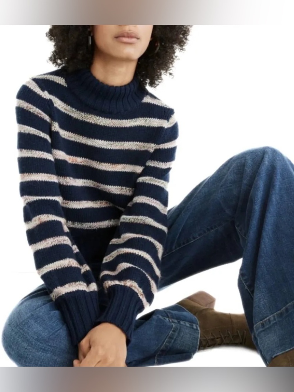 Madewell Metcalf Mock Neck Navy and Cream Striped Sweater Coastal Wool blend Med